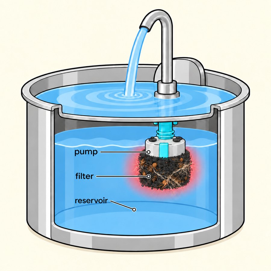 Cutaway diagram of a recirculating pet fountain showing the pump, the filter clogged with hair, and the reservoir