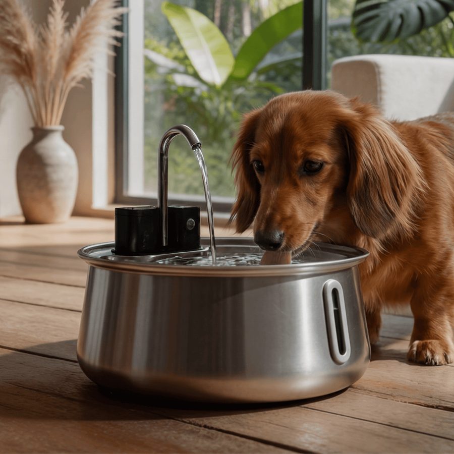 A dog drinking from a stainless steel fountain