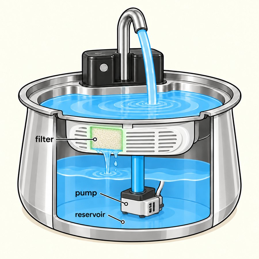 Cutaway diagram of the Origins fountain: the filter sits above the reservoir, water passes down through it, and the pump draws from the filtered reservoir below
