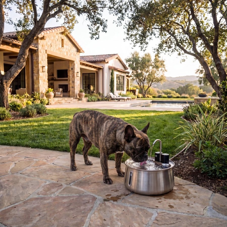 A dog drinking from the Origins fountain outdoors