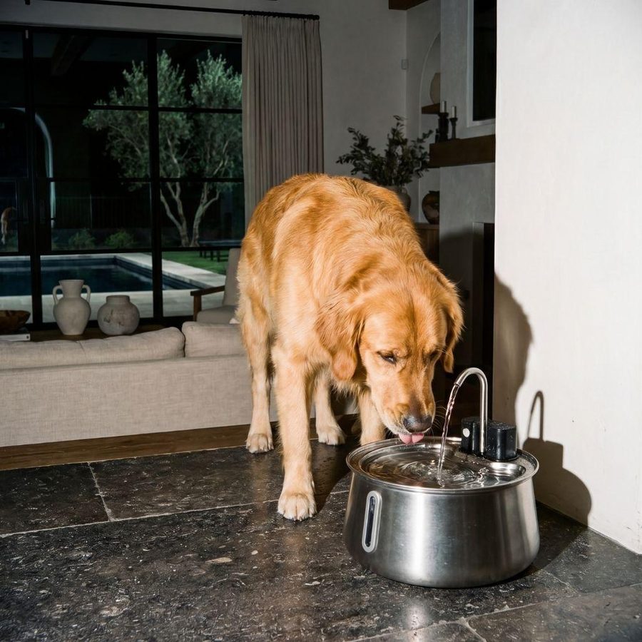 A dog drinking from a stainless steel fountain bowl