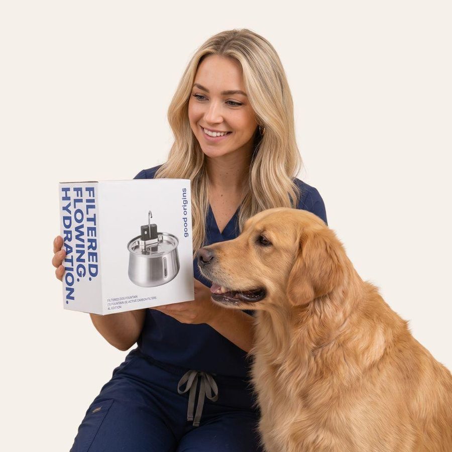 A veterinarian with a golden retriever and the Origins box